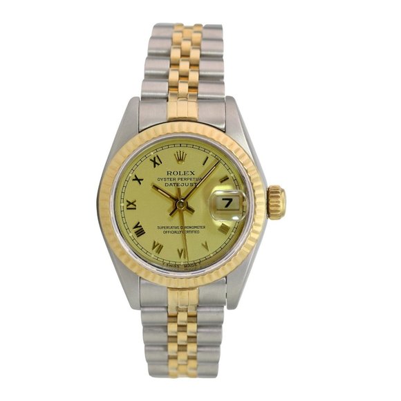 ROLEX DATEJUST CHAMPAGNE ROMAN DIAL 18KY FLUTED JUBILEE TWOTONE WATCH 26MM 69173 - Picture 2 of 9